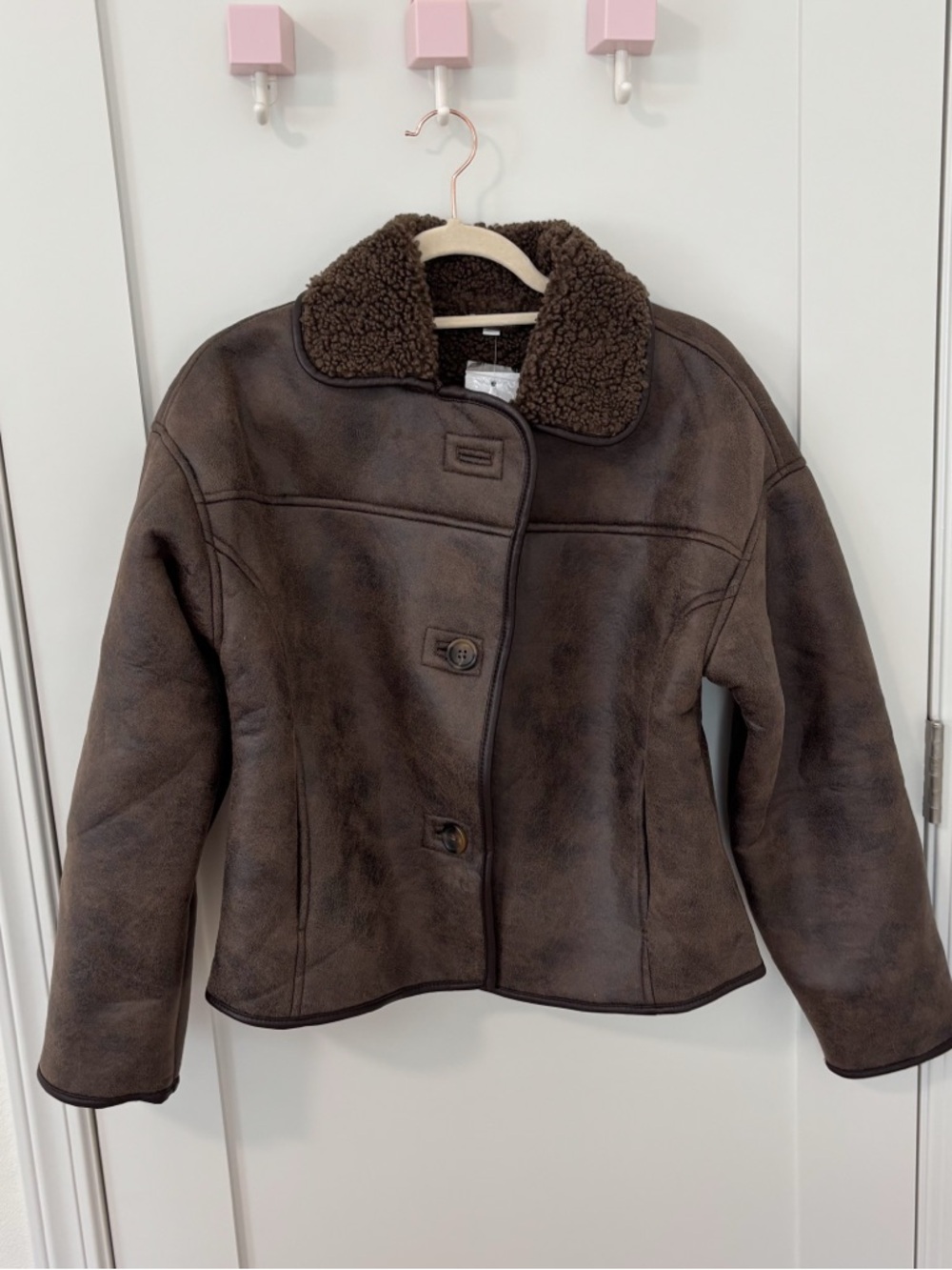 Subdued Peacoat Brown Faux Shearling Jacket with Button Front